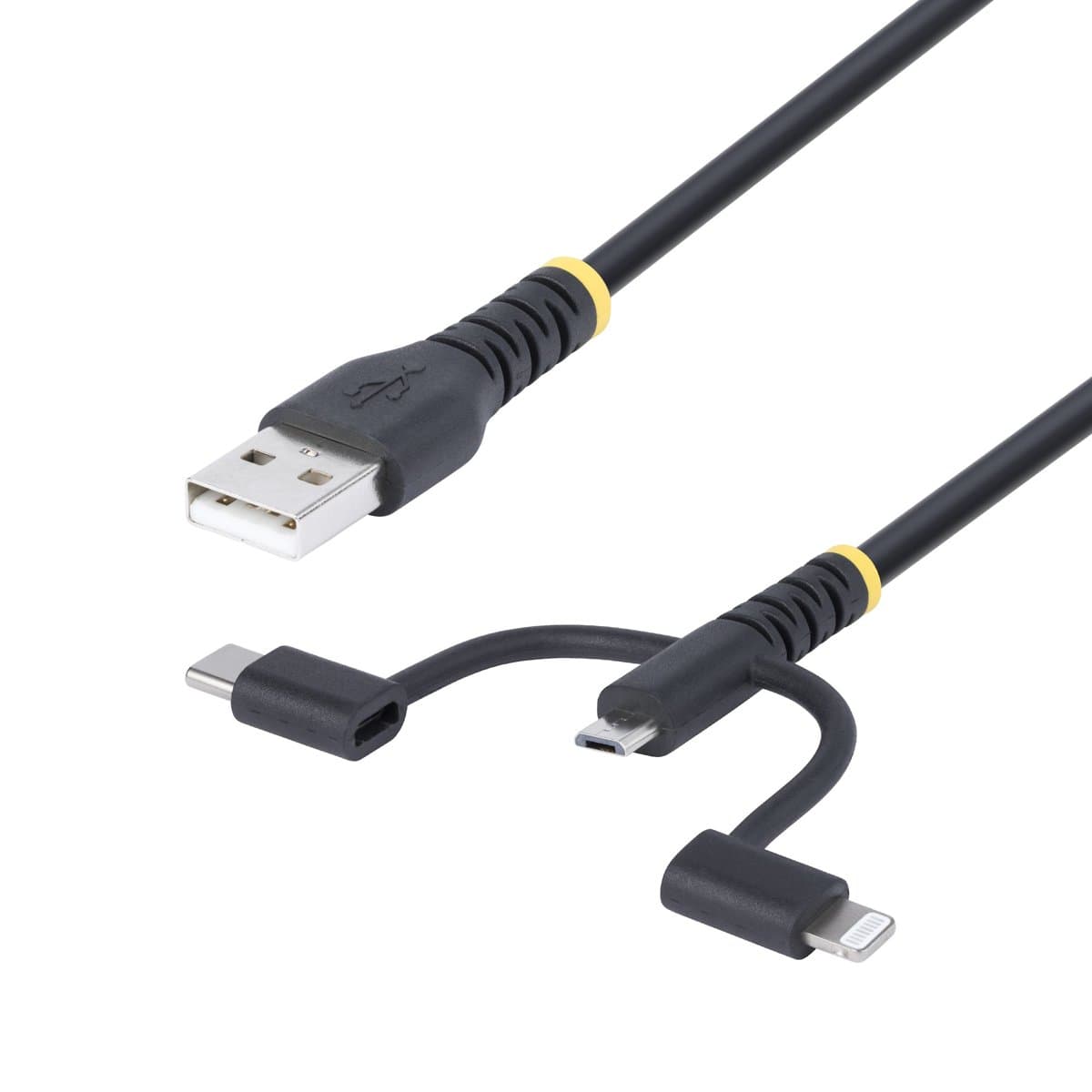 StarTech Rugged 3-in-1 USB Charging Cable, Lightning/Micro/USB-C, 1m, MFi