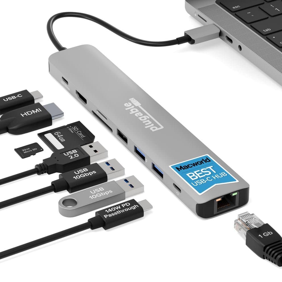 Plugable USB-C 9-in-1 Hub, 140 W Power Delivery, 4K 60 Hz HDMI, 10 Gbps, Gigabit Ethernet