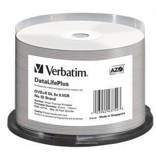 Verbatim DataLifePlus DVD+R DL, 8.5 GB, 8x Write Speed, 50-Pack