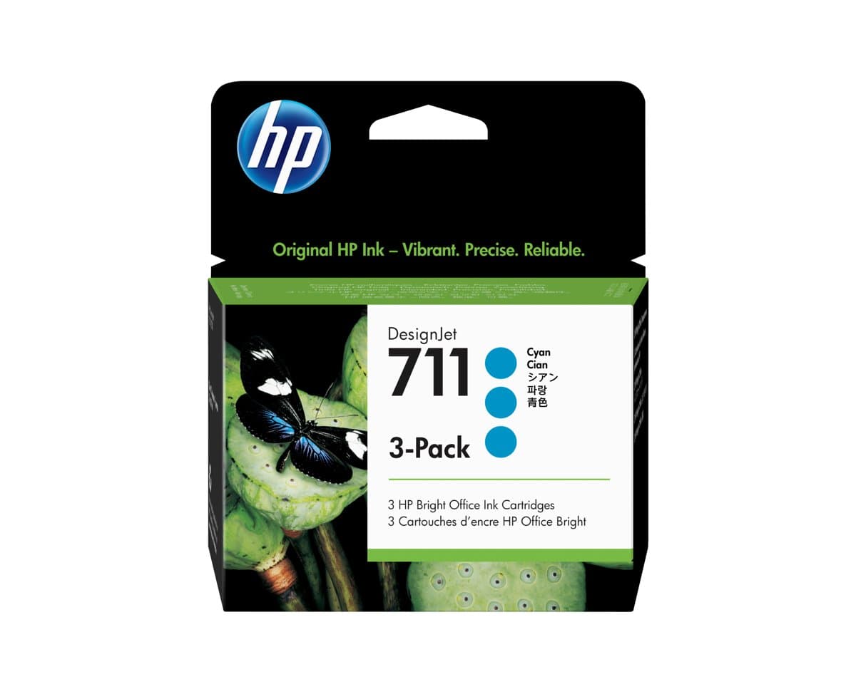 HP 711 Cyan Ink Cartridges 3-Pack, 29ml, Thermal Inkjet, DesignJet