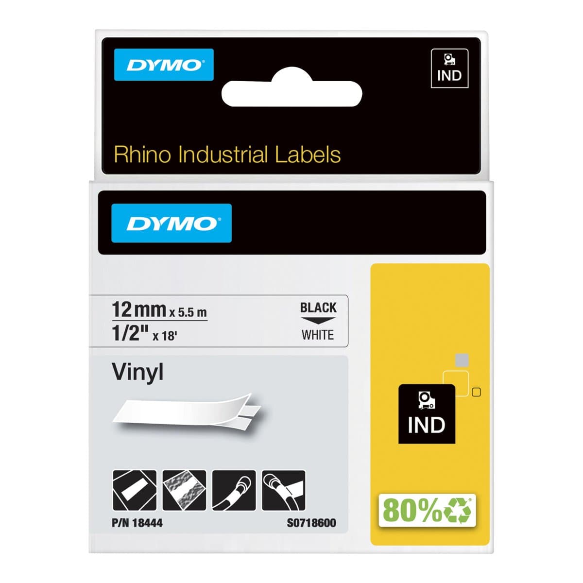 Dymo Rhino Pro Vinyl Label Tape, 12mm × 5.5m, Black on White, Self-Adhesive