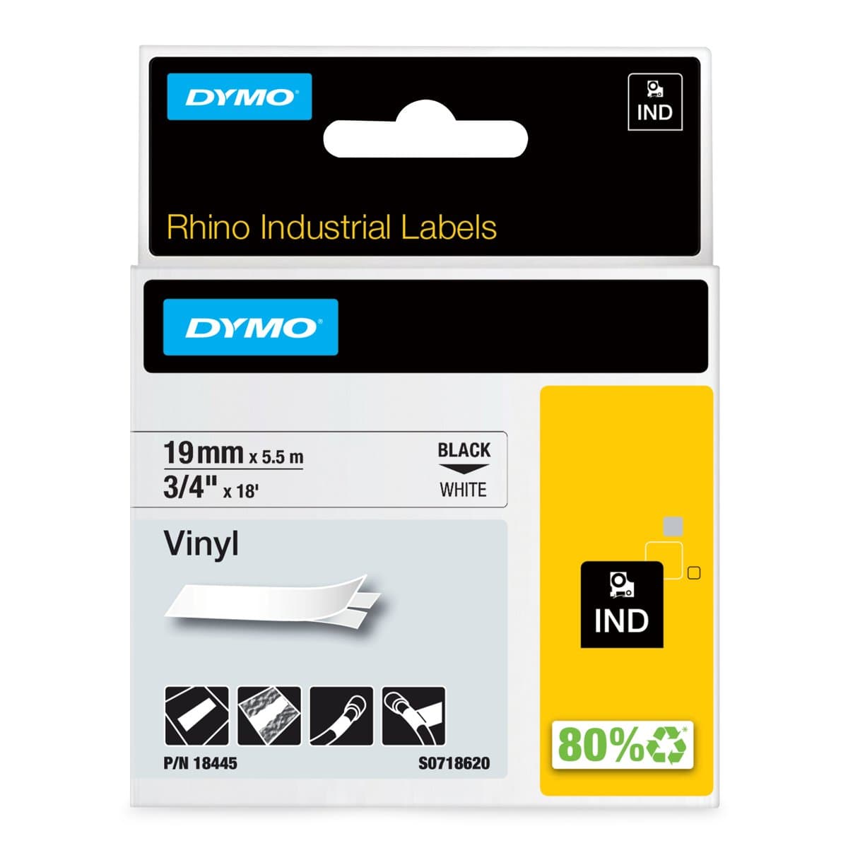 DYMO Rhino Industrial Vinyl Label Tape, 19mm × 5.5m, D1, White, Black Print