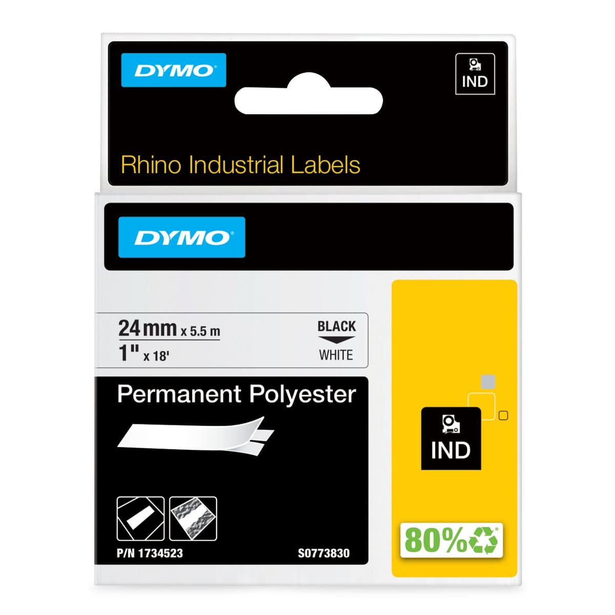 DYMO Rhino Industrial Permanent Polyester Labels, 24mm × 5.5m, Black on White, -40–150°C