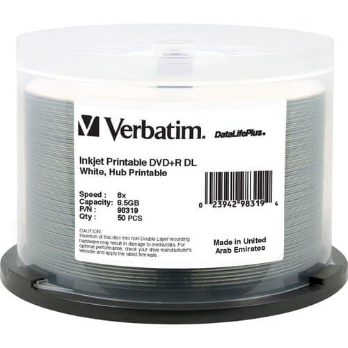 Verbatim DVD+R DL 8.5GB, 8x Write, White Hub, Inkjet Printable, 50-Pack