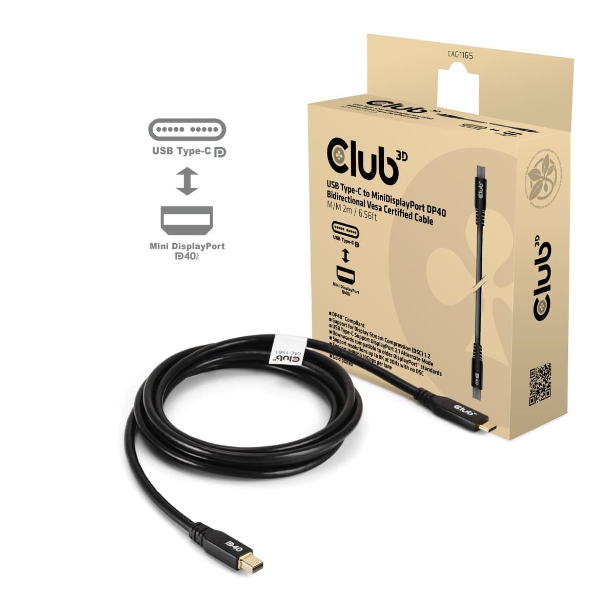 Club CAC-1561 MiniDisplayPort to USB-C Cable, 2 m, 40 Gbps, DP40