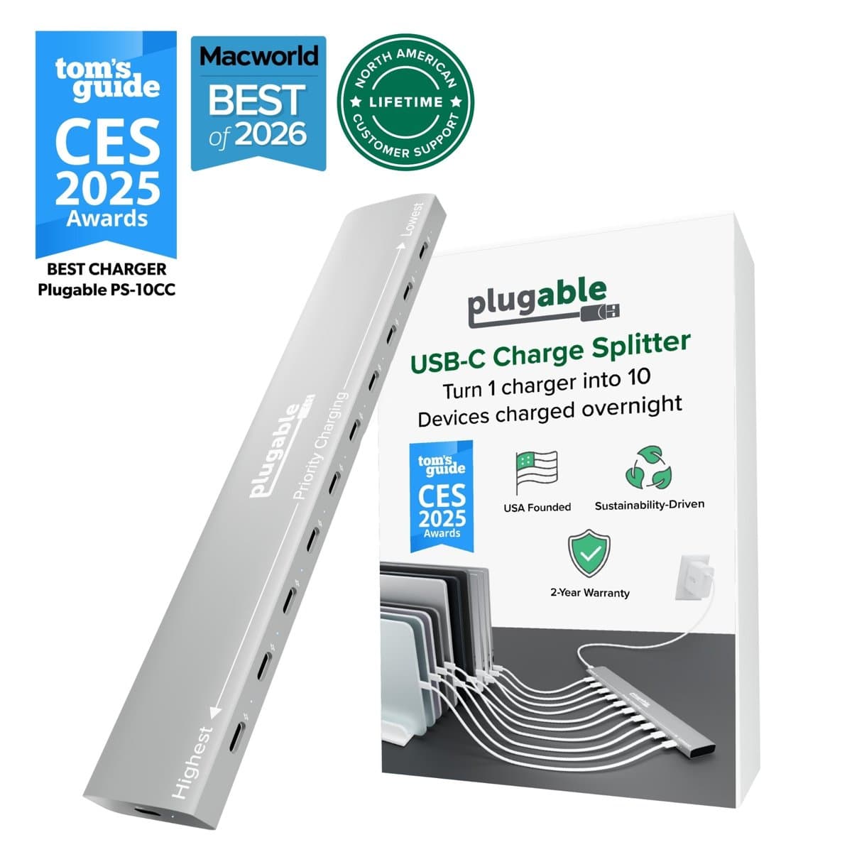 Plugable USB-C 10-Port Charger USB-C Pd 10-Port Priority Charger