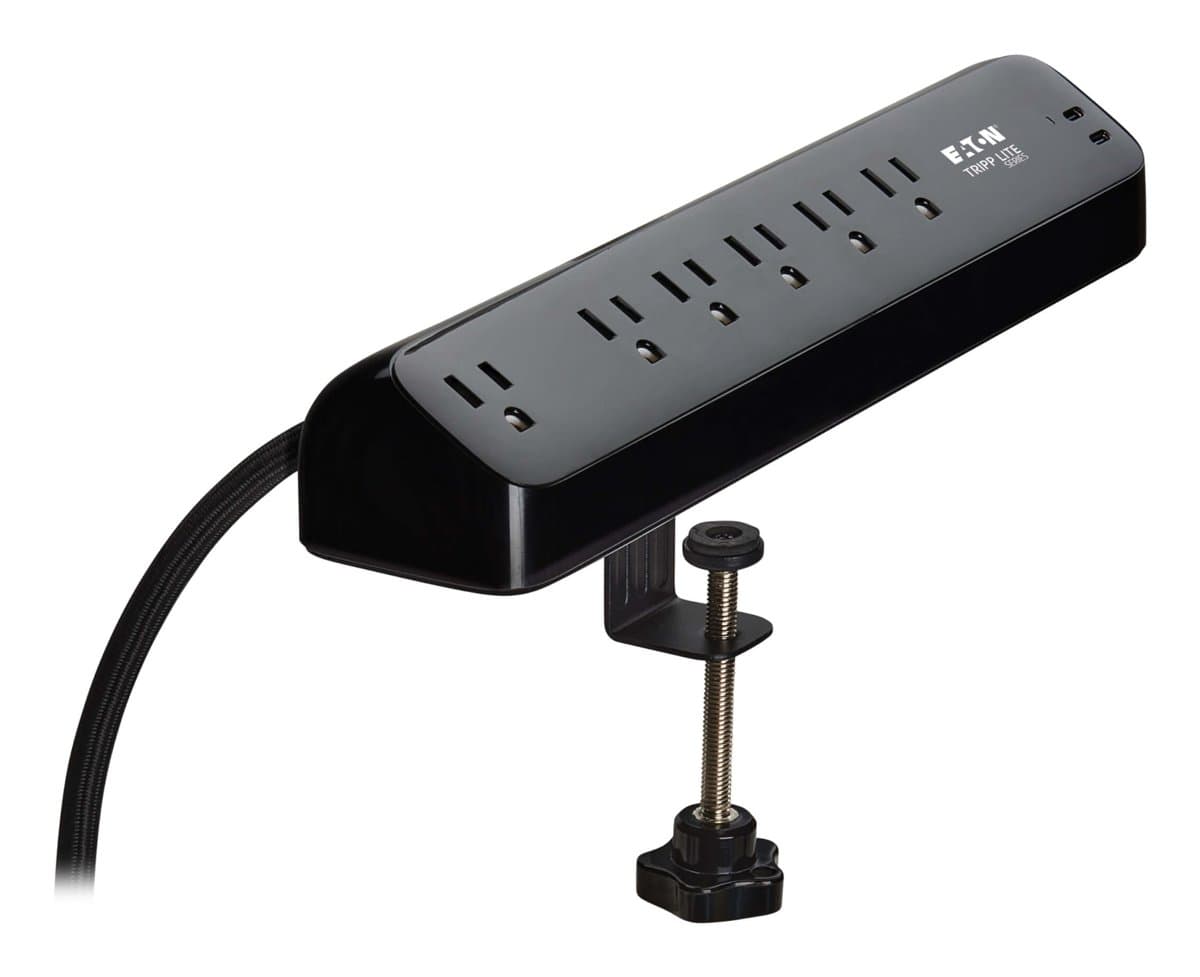 Eaton 6-Outlet Surge Protector, 2× USB-C, 30W PD, Desk Clamp, 10ft Cord