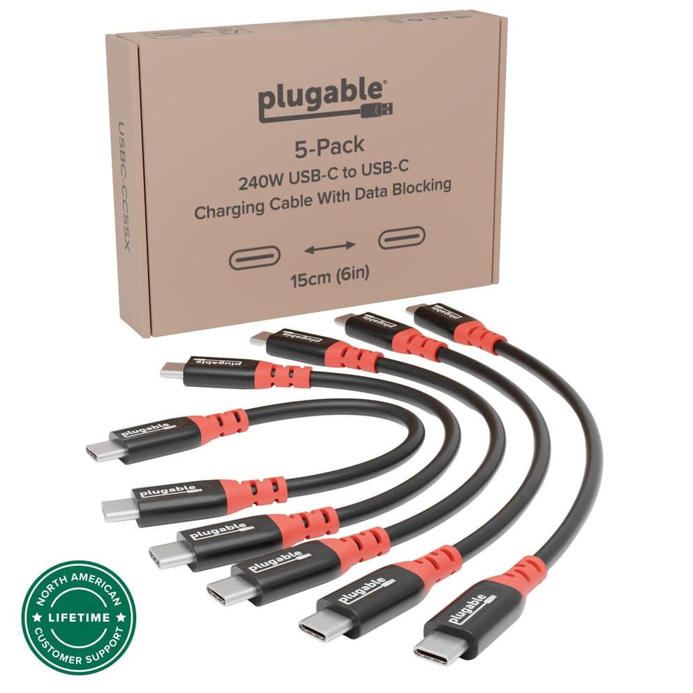 Plugable USB-C Cables, 5-Pack, 240W Charging, Data Blocking