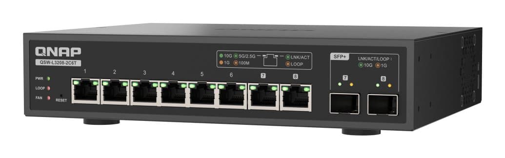 QNAP QSW-L3208-2C6T Managed Switch, 6× 10GbE Ports, 2× SFP, 160 Gbps, Desktop